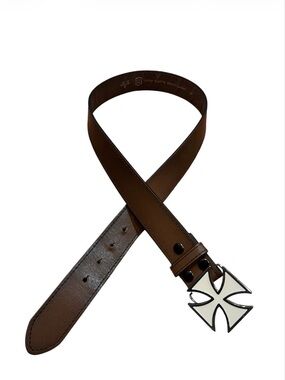 Brown Leather Men's Belt with Cross Buckle